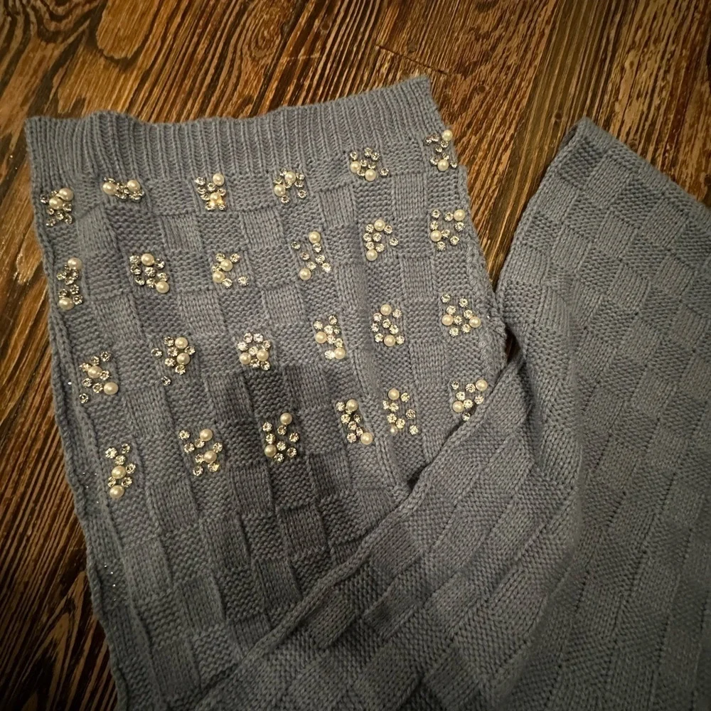 FREE PEOPLE RHINESTONE AND PEARL BLUE Knit Scarf with Embellishments